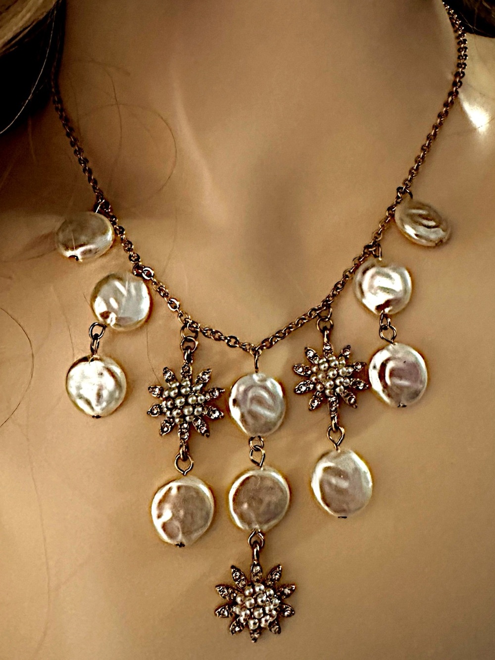 Charming Charlie Gold-Tone Necklace with Cream Pearl Discs & Starburst Charms